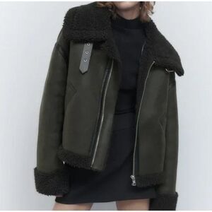 Zara Dark Olive Faux Shearling Double Faced Aviator Jacket Women Size XS Sherpa